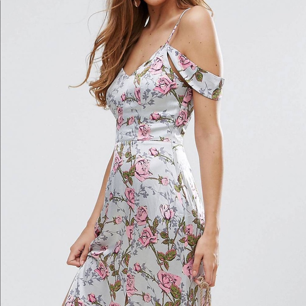 ASOS rose floral cold shoulder satin maxi dress